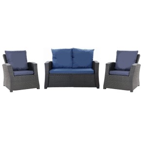Setgarden Gartenlounge Set: Dunkelgraues Technorattan Sofa und zwei Sessel mit marineblauen Kissen. Komfortable Sitzkissen.