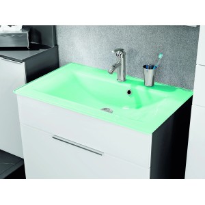 Fackelmann Einbauwaschbecken aus Glas, mintgrün, mit Armatur und Unterschrank.