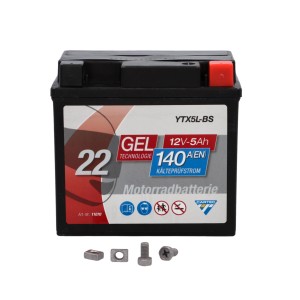 Cartec GEL Motorradbatterie YTX5L-BS 5Ah, 12V, 140A Kälteprüfstrom, inkl. Zubehörschrauben.