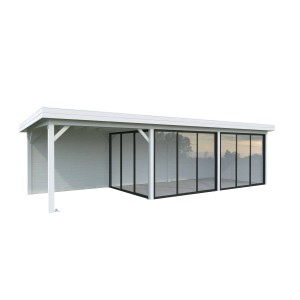 Palmako Pavillon Lenna Set, 876x300 cm, weiß lackiert. Weekendhaus mit Schiebetüren und geschlossenem Wandelement.