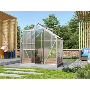 Vitavia Gewächshaus Venus 2500 mit Alu-Rahmen und Schiebetür im Garten.