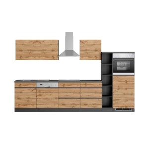 Moderne Küchenzeile Turin 330 cm in Wotaneiche-Graphit mit E-Geräten: Backofen, Kochfeld, Dunstabzugshaube, Geschirrspüler, Kühlschrank.