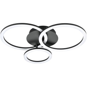 Moderne LED-Deckenleuchte Parrapos-Z von Eglo, 54,5x44,5 cm, schwarz-weiß, mit drei runden LED-Profilen.