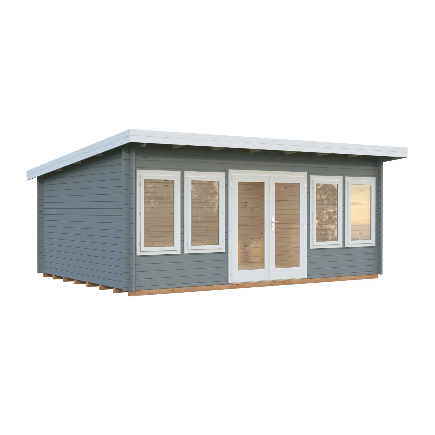 Palmako Gartenhaus Lisa, 530x380 cm, grau-weiß lackiert, mit Doppeltür und Fenstern.
