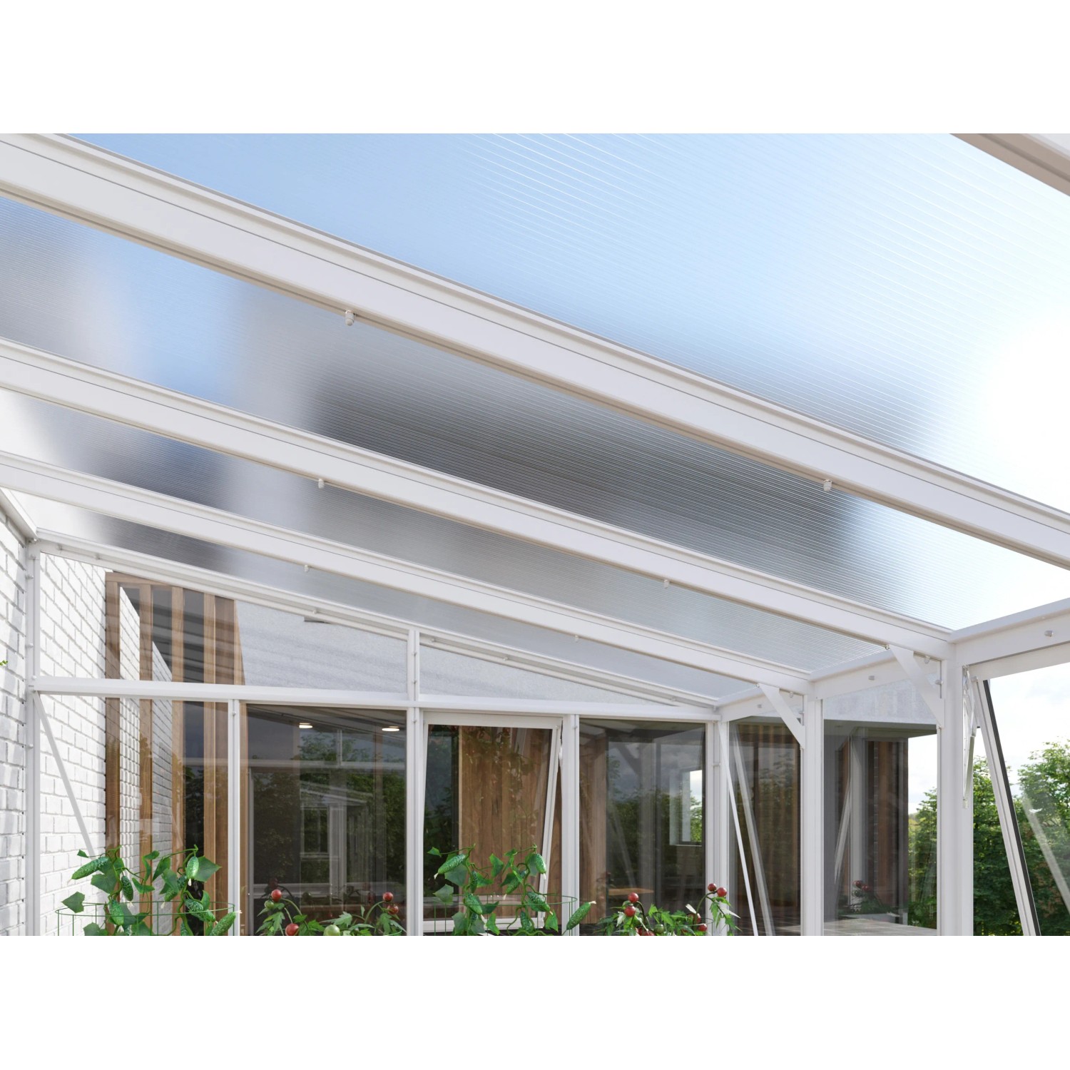 Detailaufnahme des weißen Vitavia Helena 8600 Pavillons mit Nachrüstsatz zur Dachverstärkung.