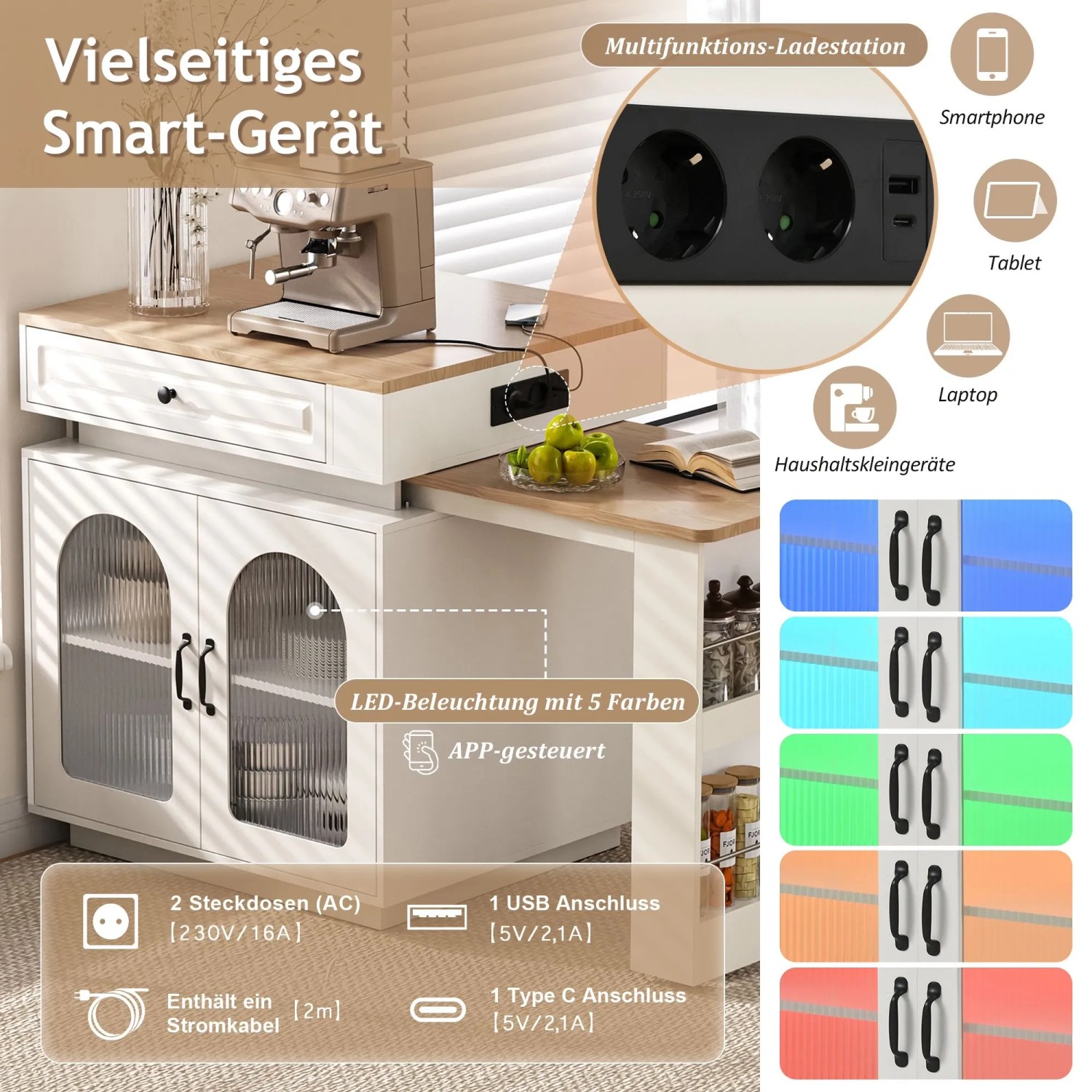 okwish Kücheninsel mit Rollen Ausziehtisch LED Beleuchtung Steckdosenleiste 128-200x71x92cm Weiß_7