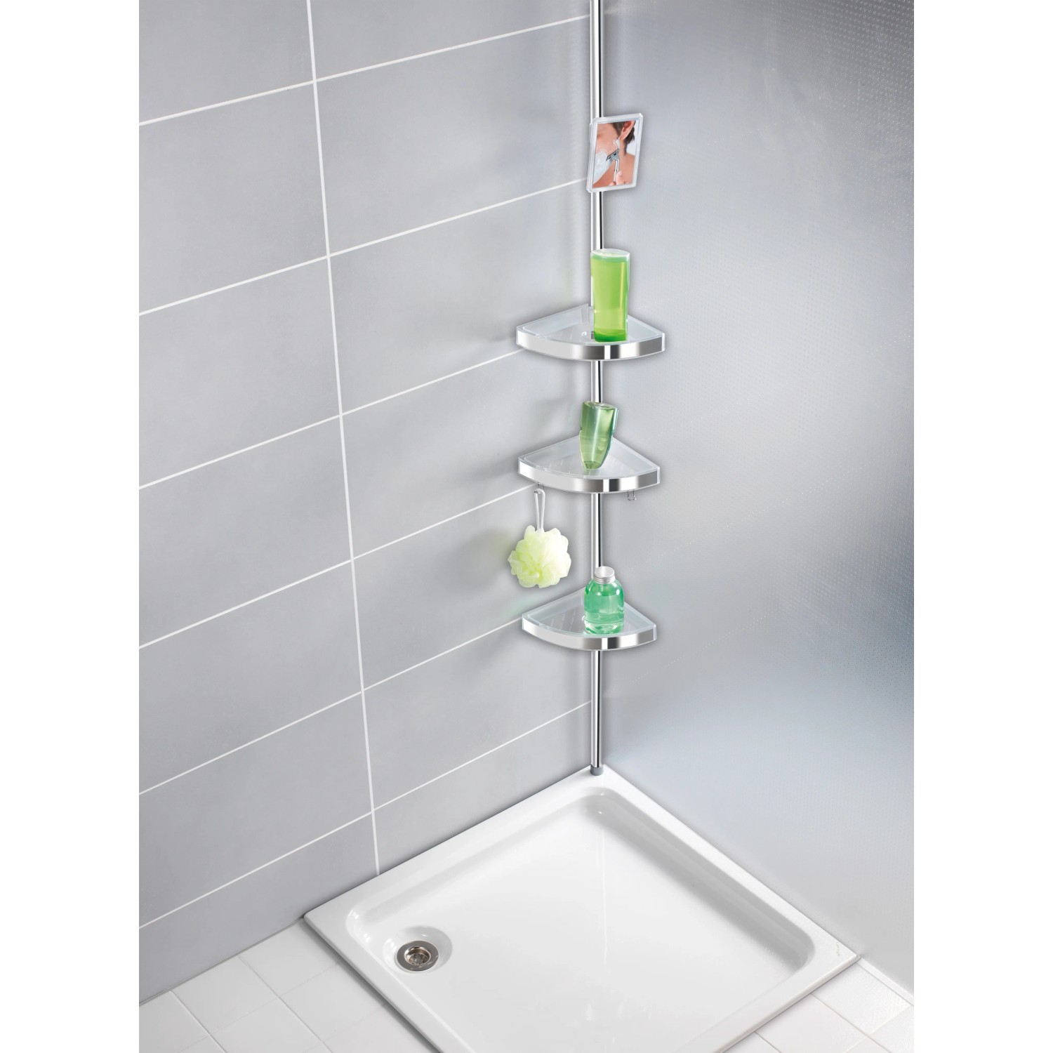 Wenko Teleskop Duschecke Premium mit 3 Ablagen in Silber im Badezimmer.