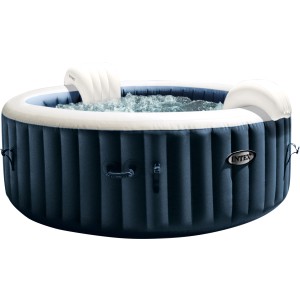 Intex PureSpa Plus Bubble Massage Set, aufblasbarer Whirlpool mit Kopfstützen und blauer Außenwand.