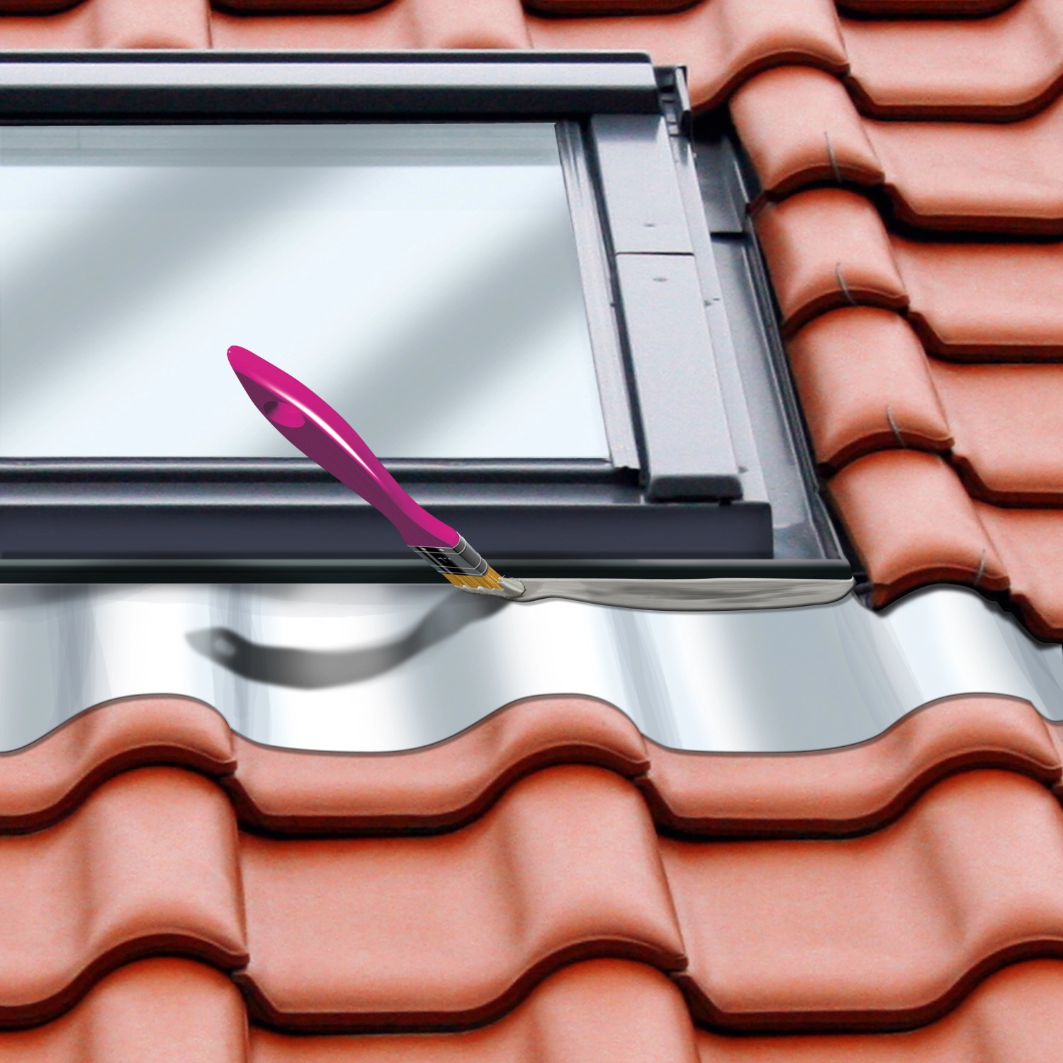 Anwendung von MEM Dicht-Fix, einer grauen Bauabdichtung, mit Pinsel auf einem Dachfenster.