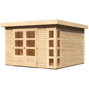 Karibu Holz-Gartenhaus Sölve, naturbelassen mit Flachdach und Doppeltür. Unbehandeltes Holz.