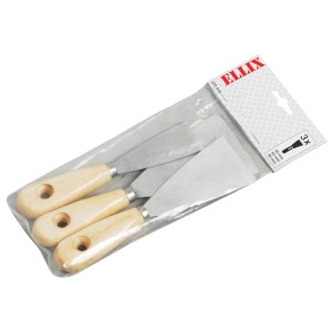 3-teiliges Spachtel Set mit Holzgriffen und rostfreien Blättern in Verpackung.