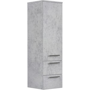 Posseik Bad-Hochschrank in Beton-Optik, 120 cm hoch mit 3 Schubladen und Griffen.