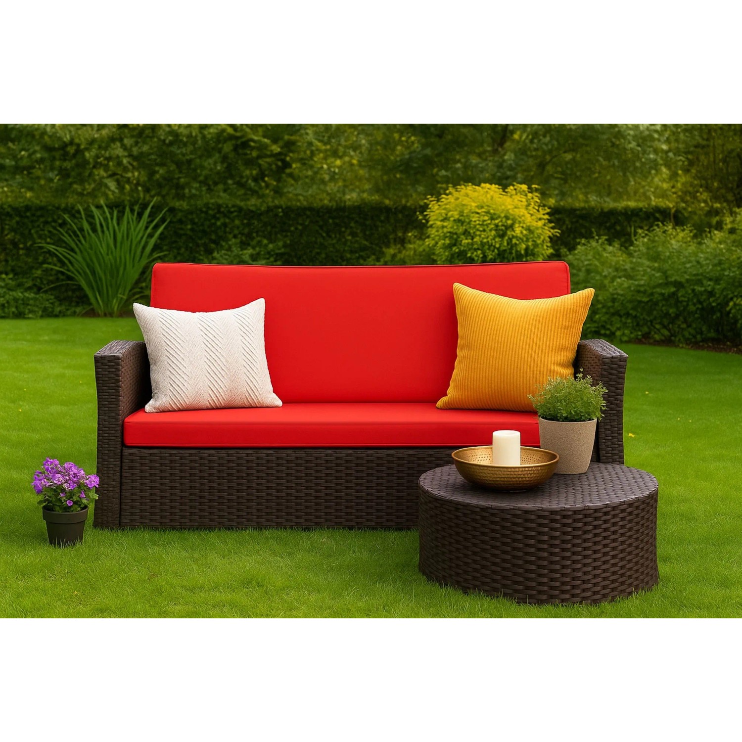 Rotes Gartenkissen-Set für 2-Sitzer Polyrattan-Sofa, bestehend aus Sitz- und Rückenkissen.