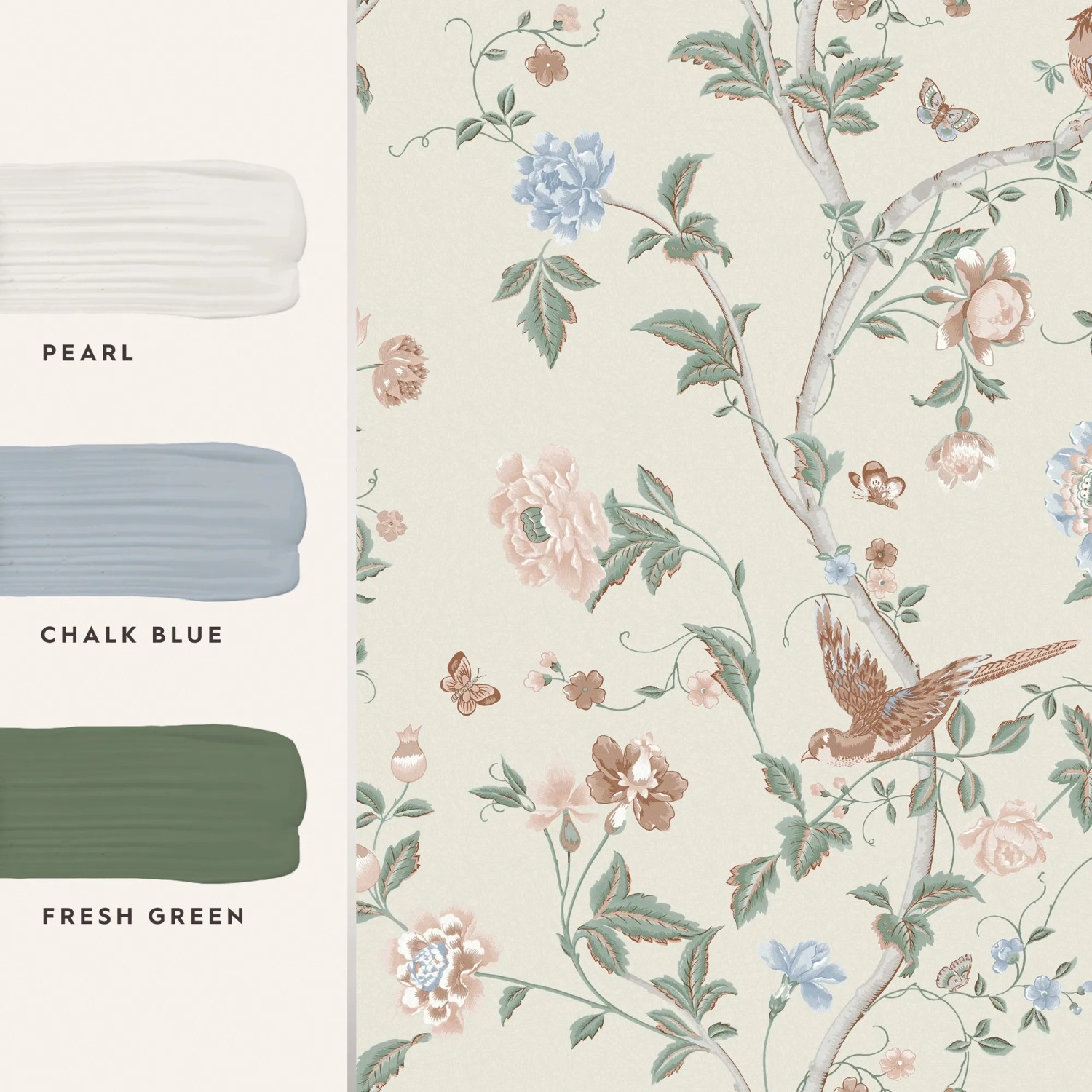 Laura Ashley Vliestapete Summer Palace mit Blumenmuster in Beige, Apricot, Salbei und Farbpalette.