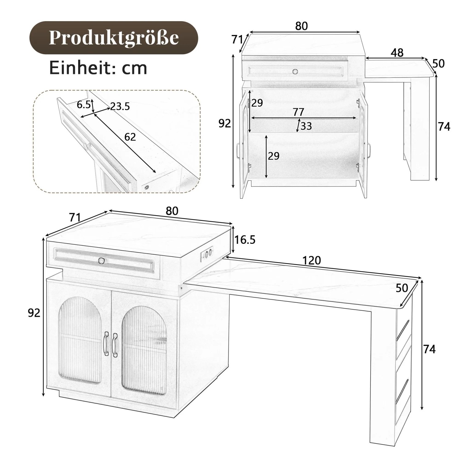 okwish Kücheninsel mit Rollen Ausziehtisch LED Beleuchtung Steckdosenleiste 128-200x71x92cm Weiß_5