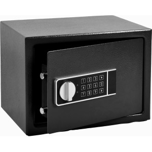 Schwarzer Möbeltresor mit geöffneter Tür und elektronischem Zahlenschloss.