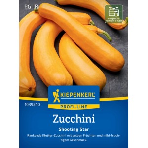 Kiepenkerl Zucchini Shooting Star F1 Saatgut mit gelben, länglichen Zucchini auf der Packung.