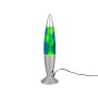 Gelbe Reality LED Lavaleuchte Vesuv, Design-Tischlampe mit silberfarbenem Fuß und blauem Fluid.