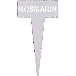 Weißer Kräuterstecker Rosmarin, 15 cm, aus Metall zur Kennzeichnung im Kräutergarten.