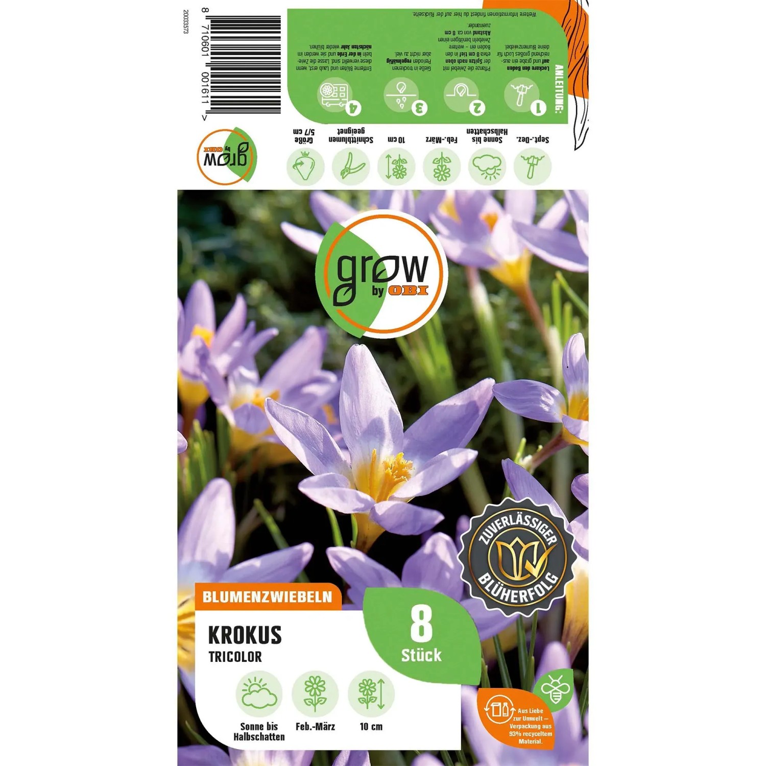 Verpackung GROW by OBI Krokus Tricolor, 8 Stück Blumenzwiebeln mit lila-beigen Blüten.