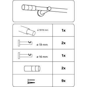Gardinia Kreta Gardinenstangen-Set, Edelstahl-Optik, Zylinder-Endstücke, ausziehbar von 190-340 cm, Montageübersicht.