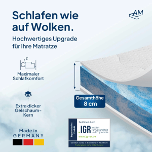 AM Premium Plus Gelschaum Topper 160x200 cm, Matratzenauflage mit Gelschaumkern, 8 cm hoch.