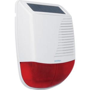 Schnurlose Solar-Sirene für Alarmanlagen: Wetterfest, solarbetrieben, rote Warnleuchte.