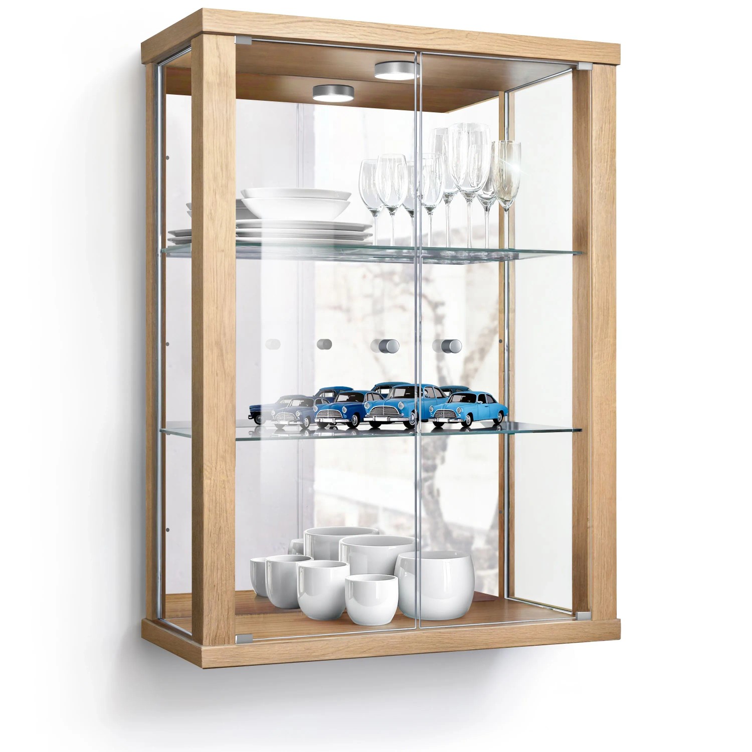 K-Möbel Wandvitrine Glas 80x60x25 cm Made in Germany mit LED & Spiegel & 2 Höhenverstellbaren ESG Glasböden Buche kaufen bei OBI