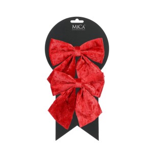 Zwei rote, festliche Mica Decorations Samt-Schleifen (12x13 cm) für Weihnachtsdekoration, auf Hänger.