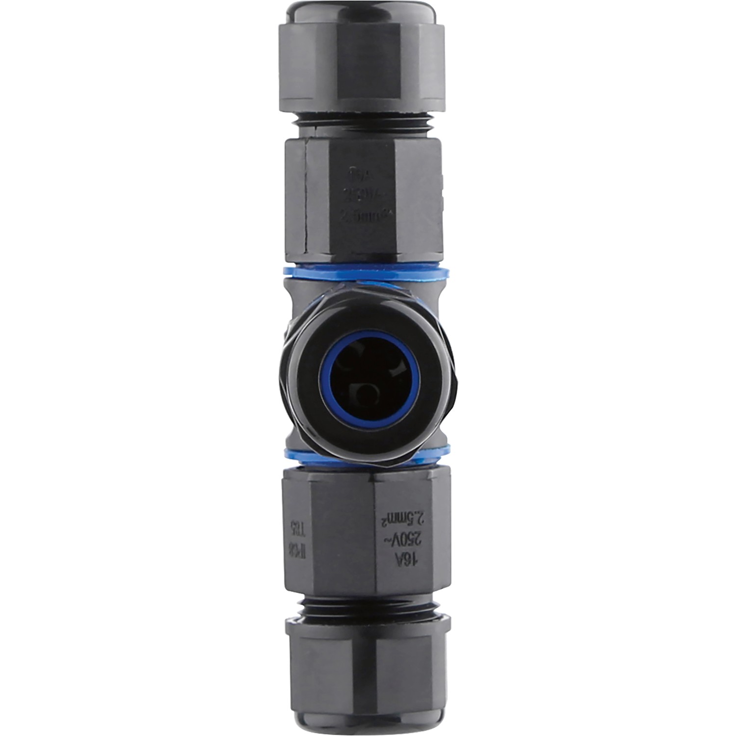 Wasserdichter T-Stecker IP68 für Kabel 4 x 0,75-1,5 mm², ideal für Außenbereiche.