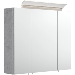 Posseik Spiegelschrank in Beton-Optik, 75 cm breit, mit drei Softclose-Türen und Aufsatzleuchte.