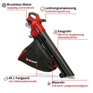 Einhell Akku-Laubsauger Venturro 18/210 Solo mit Fangsack und Blasrohr.