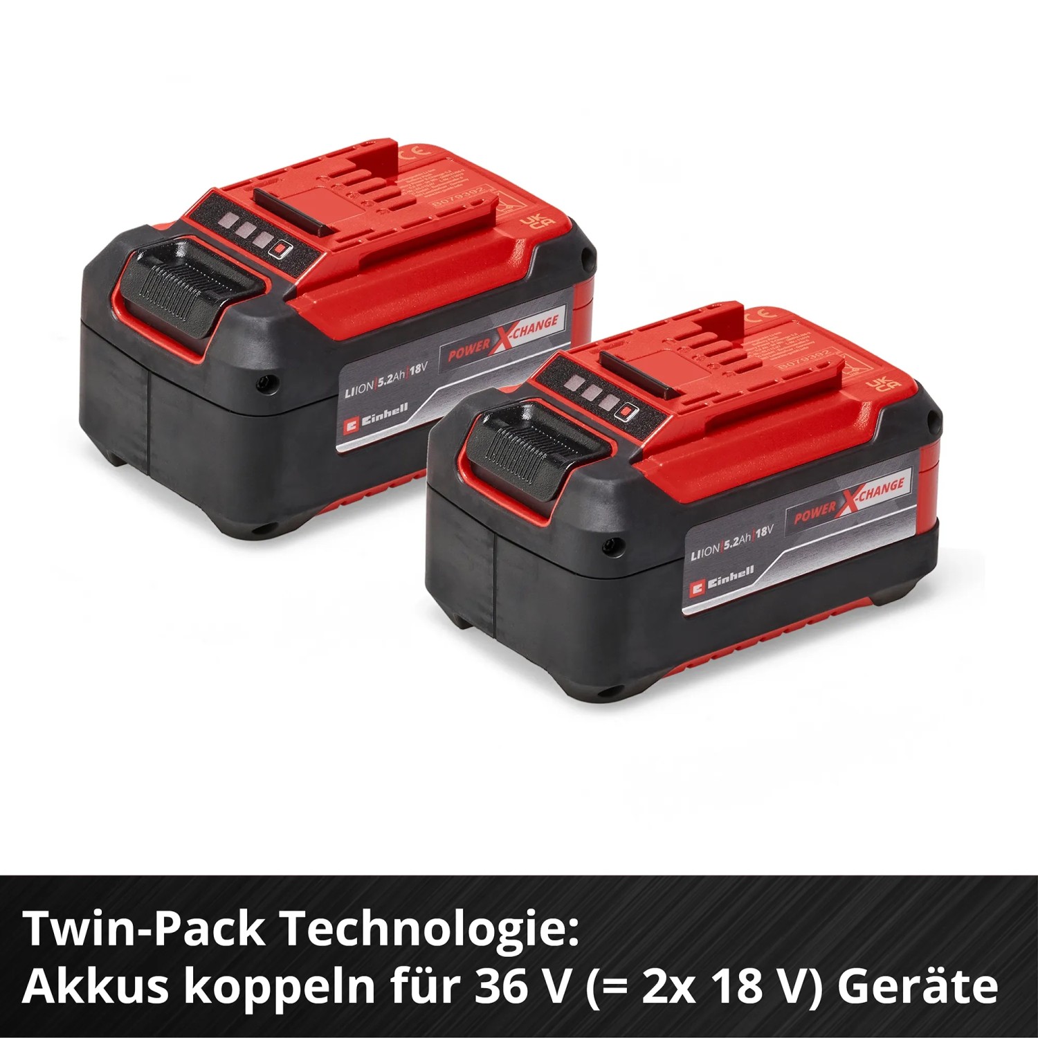 Einhell Akku 18V 5,2Ah PXC, 2er Set für Elektrowerkzeuge. Rot-schwarze Power X-Change Akkus.