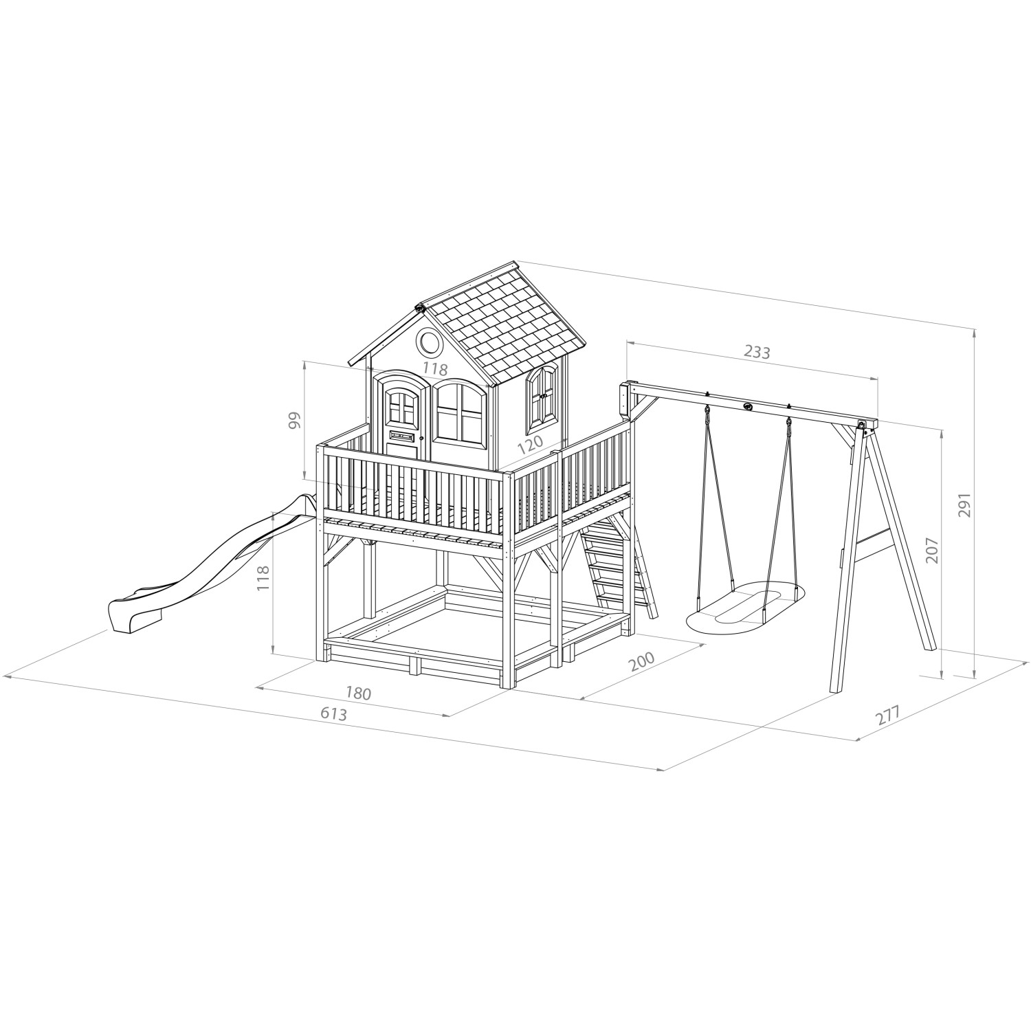 Axi Liam Spielhaus mit Nestschaukel und Rutsche, technische Zeichnung mit Maßen.