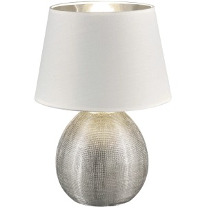 Trio Tischleuchte Luxor, H 35 cm, weißer Stoffschirm, silberfarbene Keramikbasis.