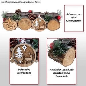 Adventsgesteck aus Holz mit vier Kerzenhaltern und Deko-Elementen.