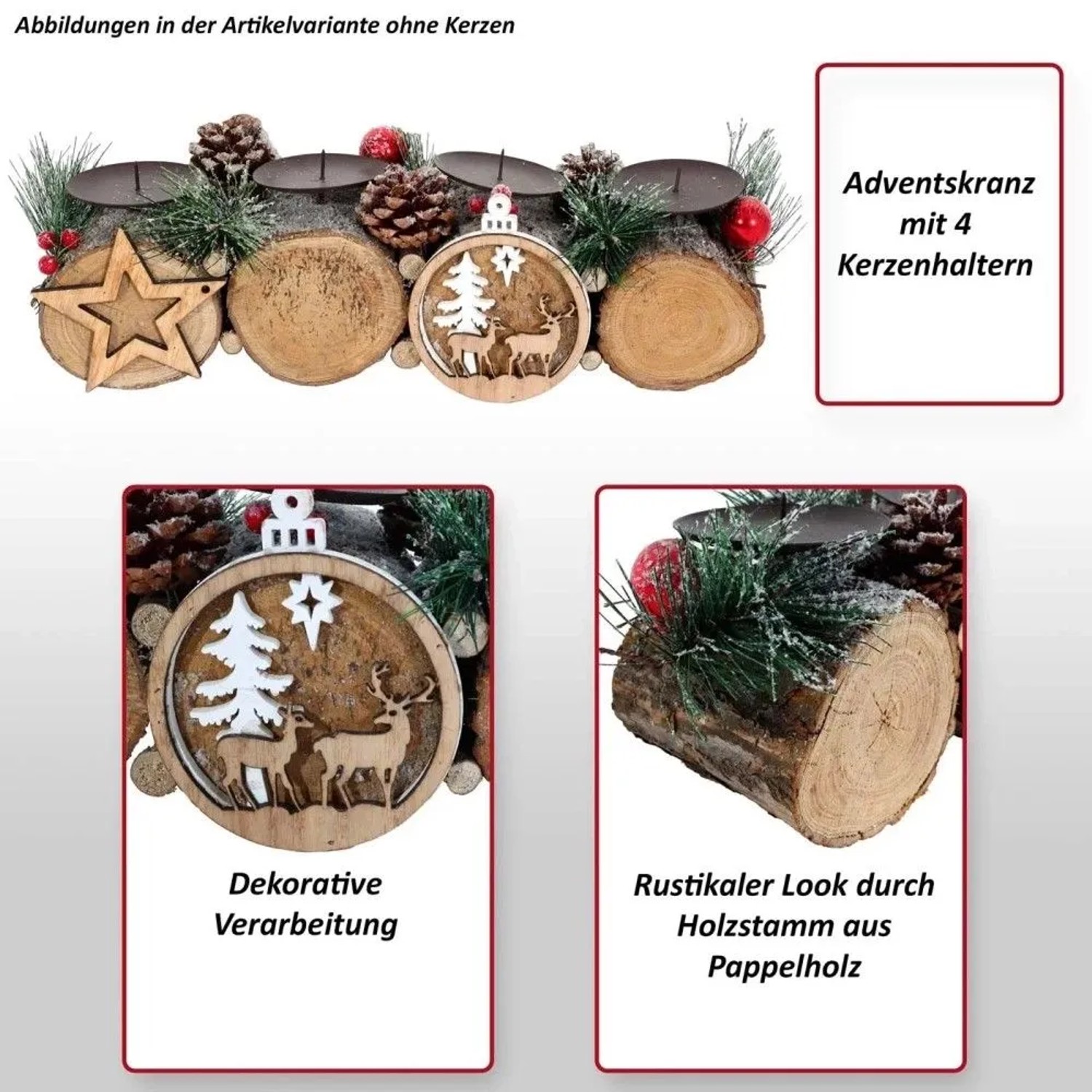 Adventsgesteck aus Holz mit vier Kerzenhaltern und Deko-Elementen.
