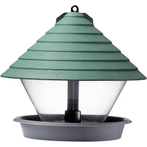 Grünes Vogelfutterhaus Katan mit transparentem Futterbehälter zum Hängen oder Stellen.