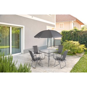 6-teiliges Gartenmöbel-Set Ibiza in Grau: Klapptisch, 4 Klappsessel und Sonnenschirm für Balkon und Garten.