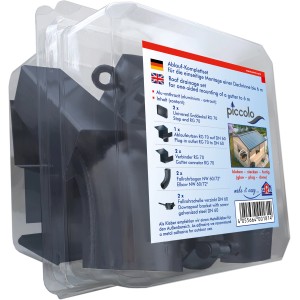 Ablaufset für SDF Kastenrinne, Alu Anthrazit, mit Enddeckel, Ablaufstutzen, Verbinder und Fallrohrbogen.