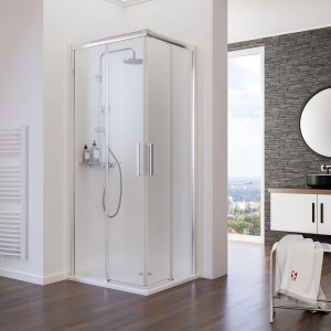 Schulte Eckeinstieg Kristall/Trend, 90x80 cm, Echtglas klar hell. Vollgerahmte Eckdusche mit Chrom-Optik Profilen.