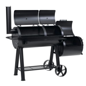 Schwarzer Tepro Smoker Indianapolis Holzkohlegrill mit zwei Kammern und Stahlrädern.