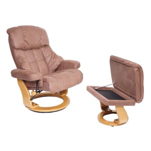 Brauner Relaxsessel Calgary XXL mit Hocker und Staufach, Stoffbezug und naturbraunem Gestell.