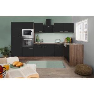 Respekta Winkelküche 340 cm, Schwarz Seidenglanz/Eiche York, mit E-Geräten.