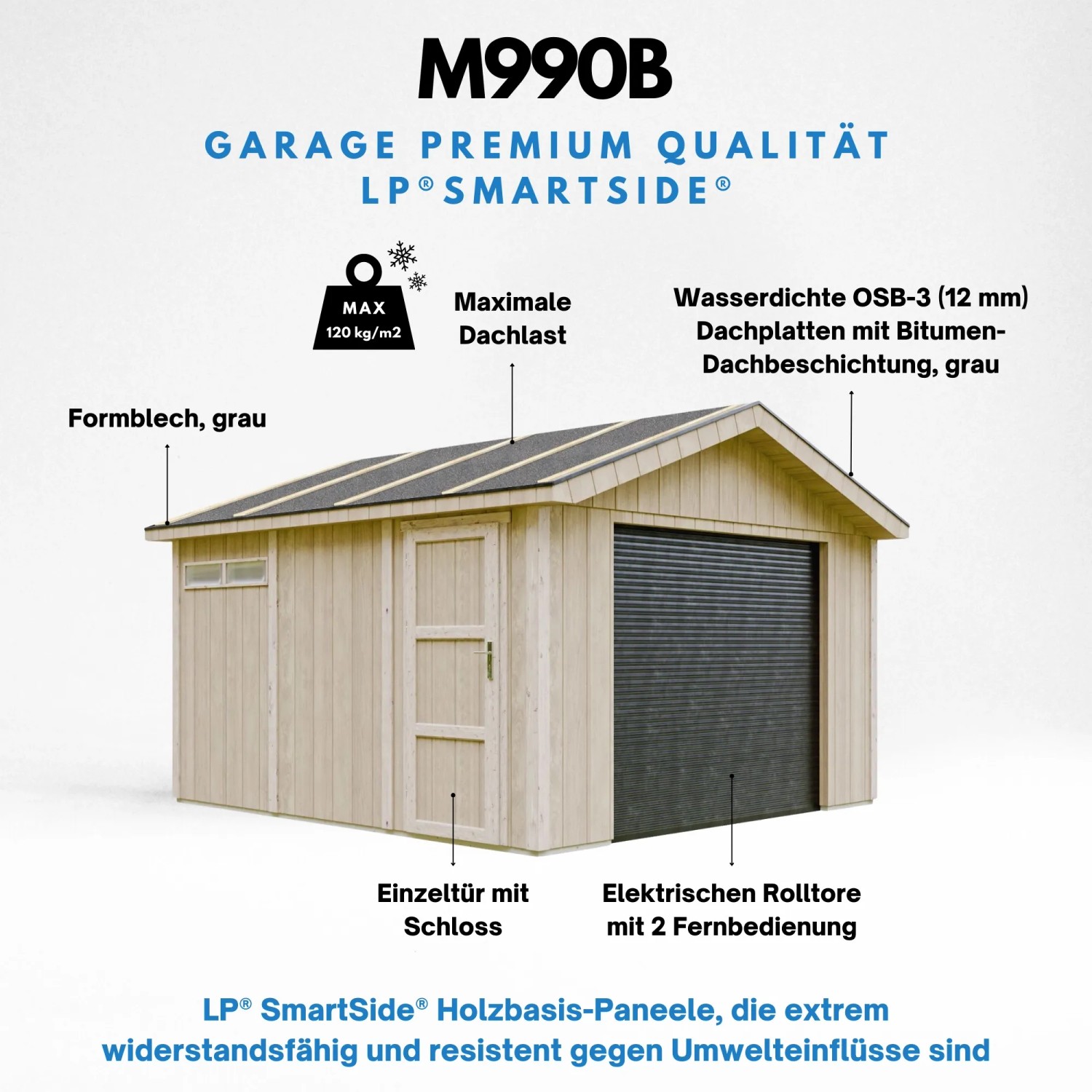 Timbela Garage Premium M990B aus Holz mit Rolltor und Einzeltür.