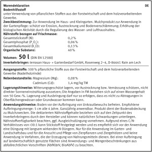Verpackung Rindenmulch 50L: Zerkleinerte Nadelholzrinde zur Bodenabdeckung und Unkrautunterdrückung.