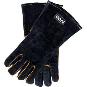 Ooni Hitzebeständige Handschuhe aus Veloursleder, schwarz mit gelben Akzenten.