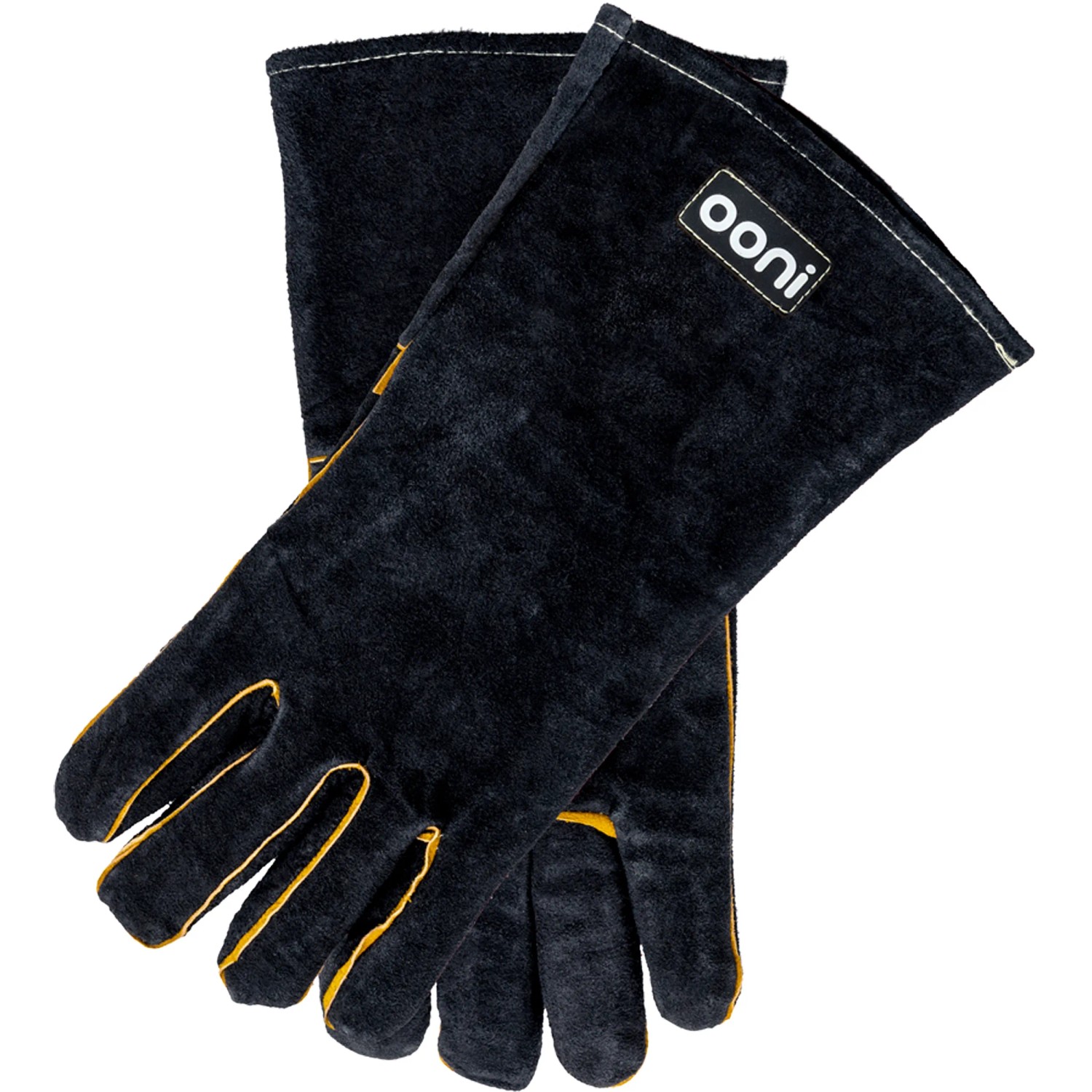Ooni Hitzebeständige Handschuhe aus Veloursleder, schwarz mit gelben Akzenten.