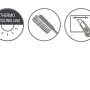 Symbole für Verdunkelungsrollo: Thermo, Reinigung, Zuschneiden.