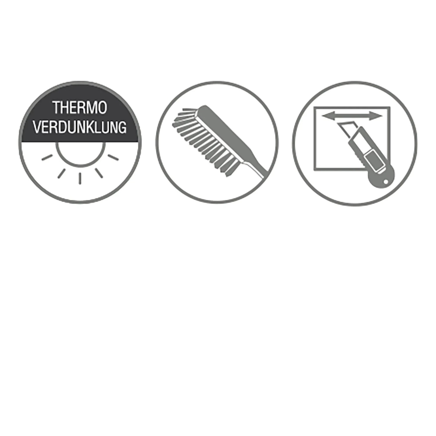 Symbole für Verdunkelungsrollo: Thermo, Reinigung, Zuschneiden.
